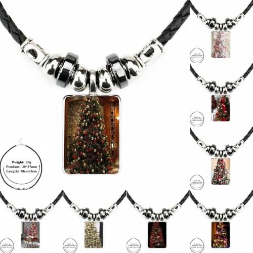 EJ Glaze Vintage Jewelry Black Leather Bead Pendant Glass Cabochon Necklace Pendant For Women Party Beauty Christmas Tree