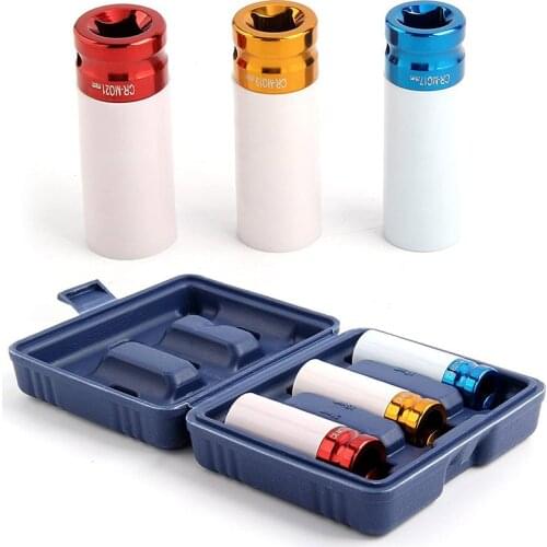 3 Size Alloy Wheel Thin Wall Deep Impact Nut Socket with Carry Box Storage 1/2" Drive 17mm 19mm 21mm