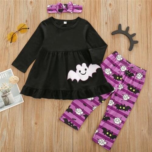 Cute Baby Girls Halloween Clothes Sets Cartoon Bat Long Sleeve Smock Top + Printed Long Pants + Headband 3 Piece Set
