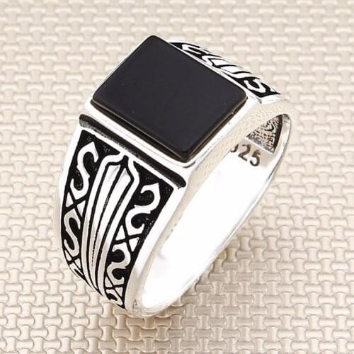 Square Black Onyx Stone Men Silver Ring With Symmetrical Motif Made in Turkey Solid 925 Sterling Silver