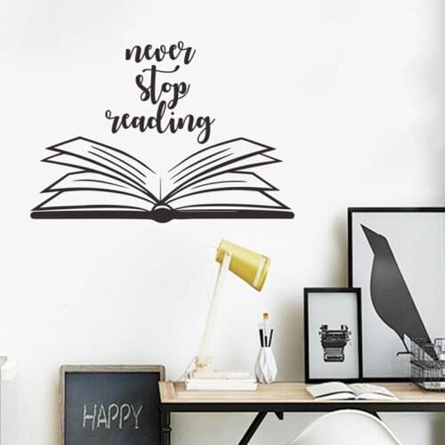 Never Stop Reading Quote Wall Sticker Vinyl Wall Decal Open Book Reading Room Library Decor Removable Murals Wallpaper