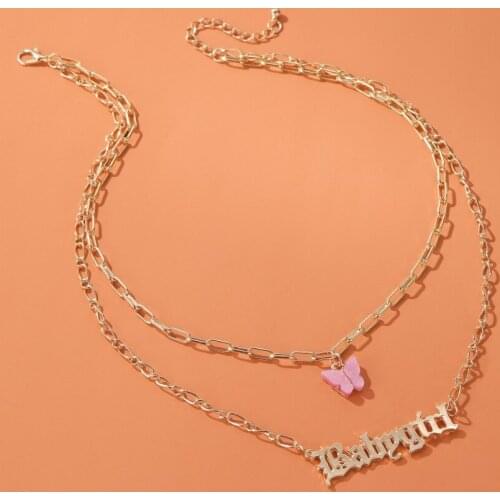 New Double Layer Acrylic Butterfly Necklace Fashion Letter Angel Pendant Babygirl English Letter Necklace