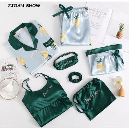 CHIC Fruit Floral Print Shirt Pajama Suits Elastic Waist Wide Leg Shorts Pants Women Loose Long Sleeve Blouse Tops 7 Pieces Set