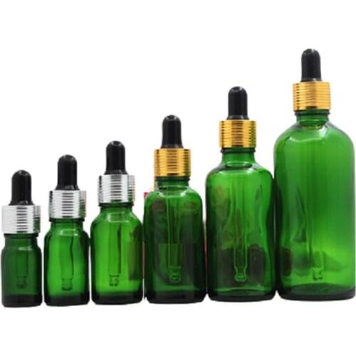 Empty Green Glass Refillable Bottle Gold Silver Ring With Screw Lid Essential Oil Bottle Cosmetic Essence Vials 5ml-100ml 15pcs