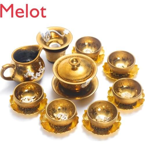 Luxury Silver Plated Tea Set Oil Drops Enameled Cast Iron Complete Set Kung Fu Ceramics Household Sterling Silver Tea Cup Art