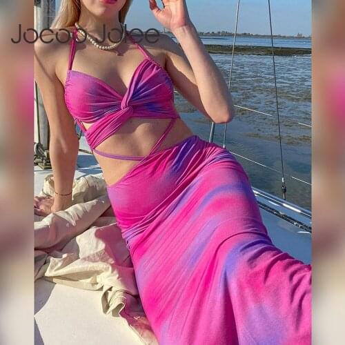 Jocoo Jolee Sexy Halter V Neck Backless Maxi Dress Elegant Lace Up Hollow Out Party Y2K Beach Party Dresses Summer Long Dress
