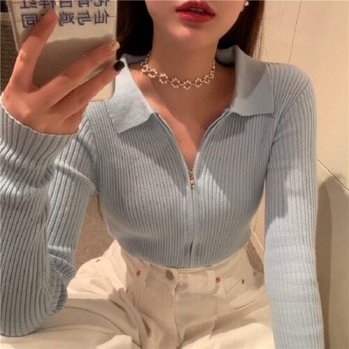 Casual basic autumn winter crop Sweater Women long sleeve Turn-down Collar Soft Knit sweater solid female Jumper top