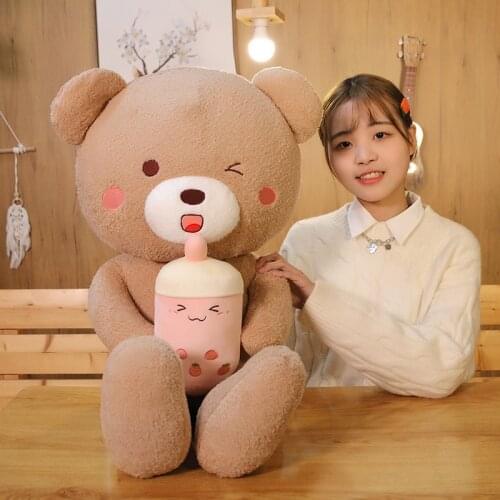 Totojay Bear Hug Bubble Tea Plush Cushion Soft Brown Bear Plush Toys Stuffed Animal Milk Tea Couple Bear Doll Baby Pillow Gift