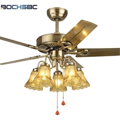 BOCHSBC Restaurant Fan Light Wood Leaf Ceiling Fan Light Living Room European Style Lamp with Iron Leaf Electric Fan Light