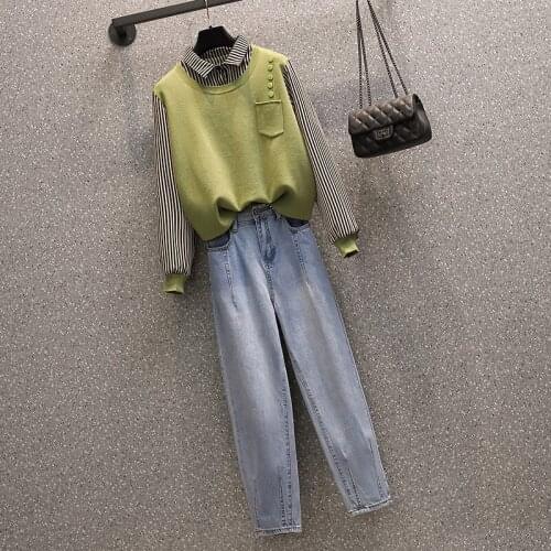 Women Set Vintage stripe Shirt Straight Casual Jean Plus-size Loose All-match Trendy 2pcs Student Chic Preppy-style High-quality