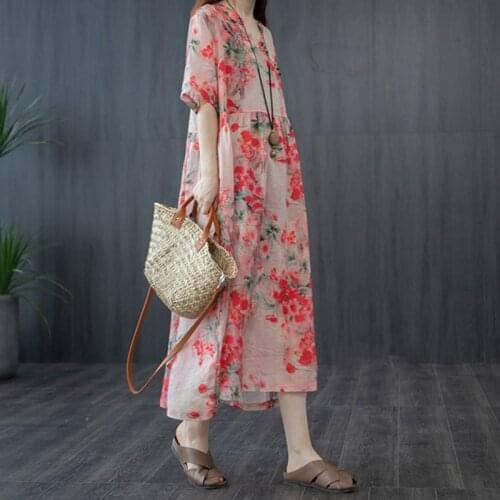 Cotton Linen Women Summer Ethnic Loose Large Size Floral Printing Stitching Thin Short-sleeved Dress