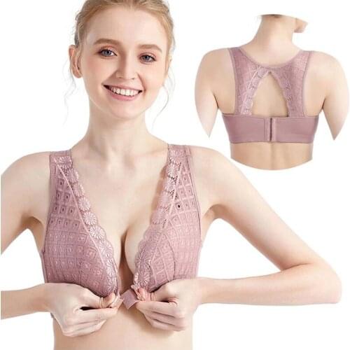 Womens Plus Size Underwear Plus Size Bra Without Steel Ring Front Buckle Beauty Back Bra Gather Sexy Lace Bra