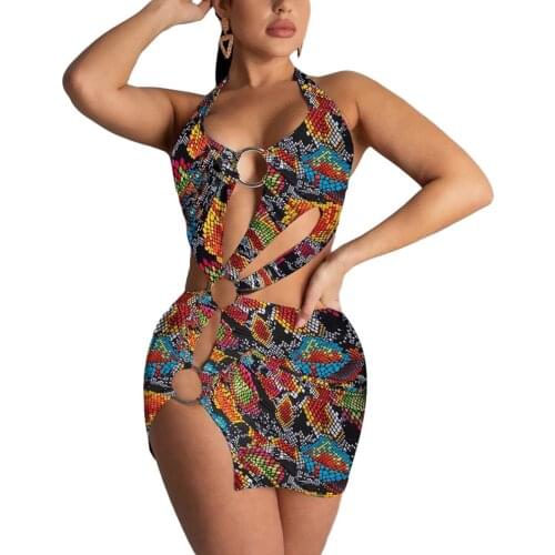 Women Swimming Halter Dress with Colorful Tie-dye Printing Sexy Hollow Ring Decoration Summer Clothing