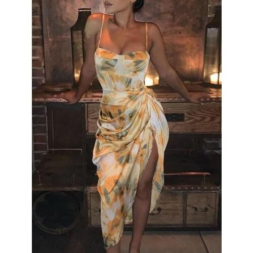 New Arrival Sale Women Elegant Sexy Party Dress Female Holiday Midi Dress Abstract Print Spaghetti Strap High Slit Ruched Dress