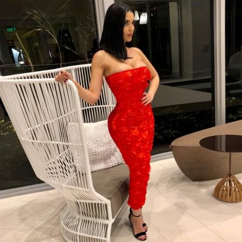 Romantic Strapless Rose Bandage Black Dress Women Sleeveless Off The Shoulder Floral Back Slit Red Bodycon Midi Dress