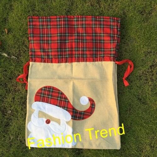 10pcs/lot Amazon top selling Xmas decoration gift candy bags monogrammed burlap plaid santa sack Christmas santa claus bags
