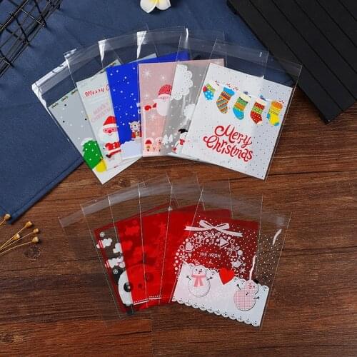 100pcs Colorful Christmas Socks Plastic Cookies Packaging Bags Xmas Self Adhesive Gift Bag Candy Biscuit Pouch Party Decor