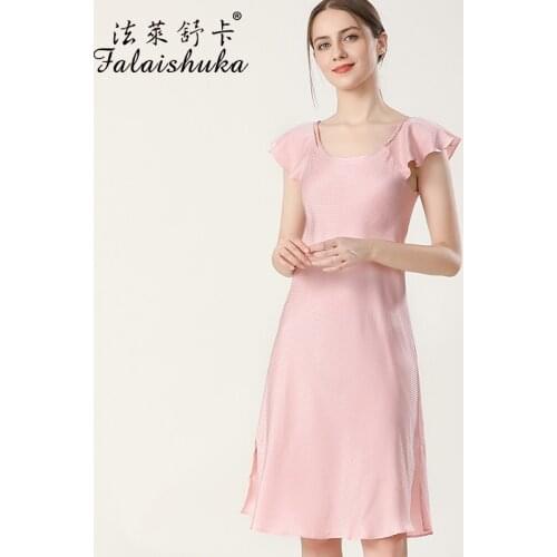 19 momme 100% Natural silk women nightgown Short sleeve sweet O-neck pink nightdress women sleepwear S5690