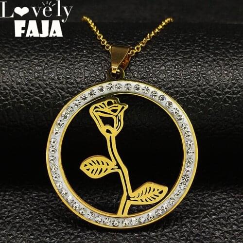 2021 Fashion Rose Stainless Steel Crystal Chains Necklaces Women Gold Color Choker Necklace Jewelry bijoux femme N1858