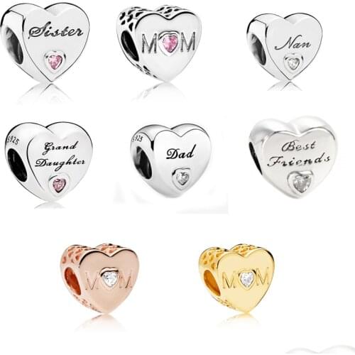 Free shipping Authentic 925 Sterling Silver Sister Dad MOM Nan Heart Charm Fit Original Bracelet For Women DIY Jewelry S925 Bead