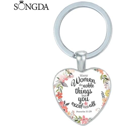 Bible Verse Letter Heart Glass Cabochon Keychain Jesus God Keyring Charms For Women Men Christian Gifts Religious Jewelry