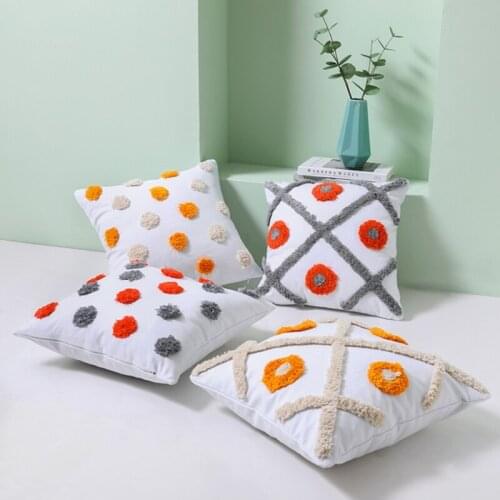 Bohemian Woven Tufted Throw Pillow Case Multicolor Pompoms Circle Dot Cross Pattern Decorative Cushion Cover for Couch