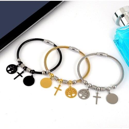 Charms Cross Bracelets&Bangles For Women Men Wafer Cross Tree of Life Pendant Bracelets Jewelry Gift