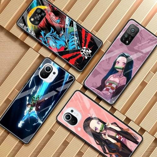 Phone Case For Mi 11i 11 Ultra Note 10 10T Lite 9T Poco X3 NFC M2 F2 Pro F3 X2 Soft Glass Shell Frame Demon Slayer Kimetsu Anime