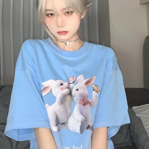 Summer 2021 Japanese Playful Rabbit Print Short-sleeved Casual Loose Couple All-match T-shirt Blouse Oversized T Shirt