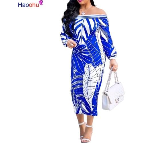 HAOOHU Vintage Retro Print Dress Women Sexy Off Shoulder Long Sleeve Elegant Midi Dress Ladies Party Pencil Bodycon Dress
