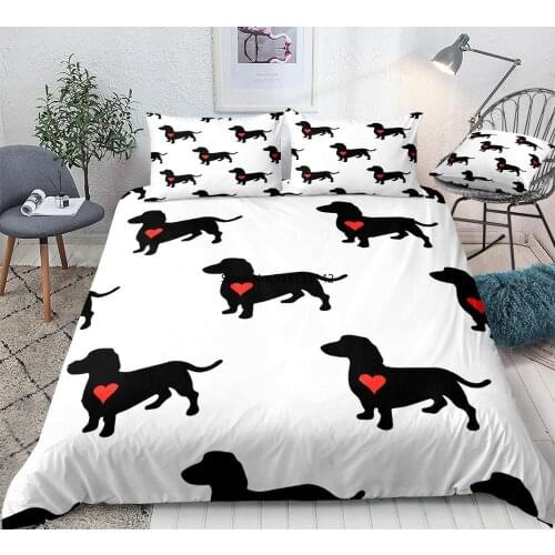 Dachshund Dog Duvet Cover Set Cute White Sausage Dog Bedding Kids Boys Girls Black Cartoon Quilt Cover Queen Bed Set Dropship