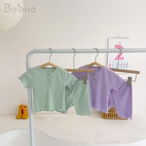 Korean Baby Pajamas Summer 2021 New Girls Candy Color Air Conditioning Suit Unisex Fashion Pure Cotton Short Sleeve Home Suit