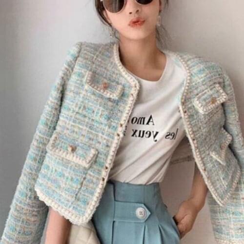 Small Fragrance French Vintage Tweed Jacket Coat Autumn Winter Women Woolen Short Coats Female Long Sleeve Outwear Crop Top