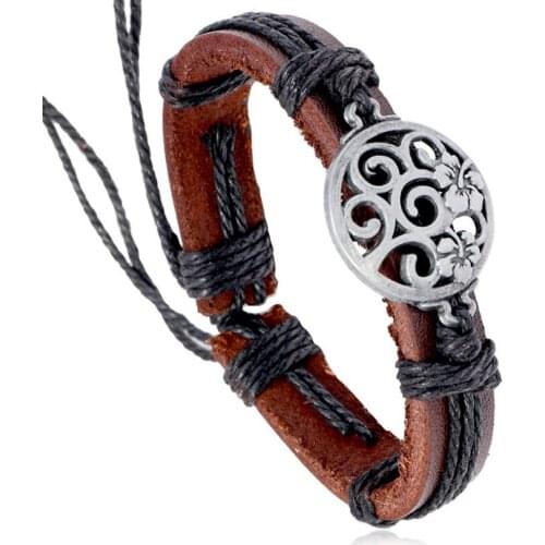Fashion Vintage Women Alloy Hollow Flower Charm Bracelet Retro Genuine Leather Casual Girls Wrap Bangle Rope Wristbands Jewelry