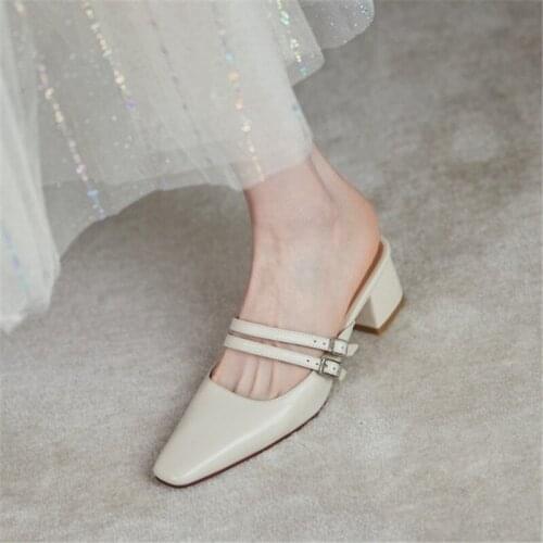 PXELENA Brand New 2021 Spring Summer Women Genuine Leather Mules Square Med Heels Pointed Toe Buckle Lady Modern Slippers Slides