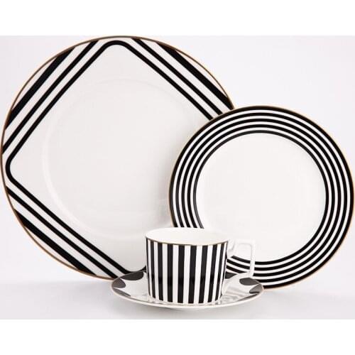 Tableware Set Black And White Bone China Stripe Design Flat Steak Plate Coffee Cup And Dish Dessert Tray Drinkware Golden Edge