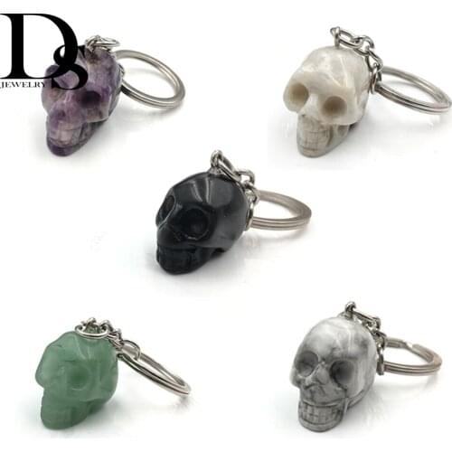 Natural Crystal Quartz Stone Skull Keychain Amethyst Pendant Howlite Turquoise FigurineAgate Obsidian Aventurine Key ring Holder