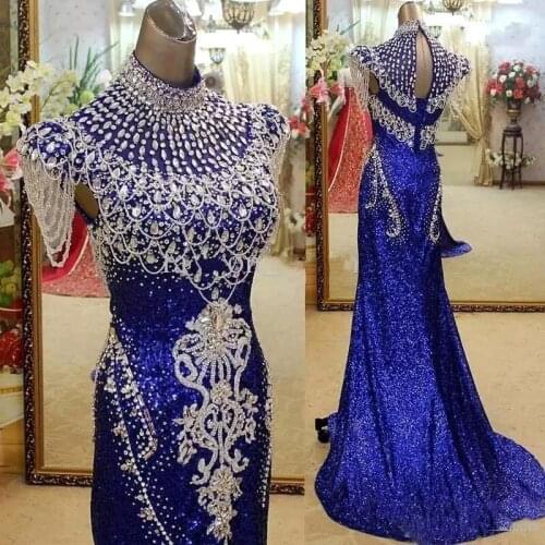 New Arrival Hot Sales Royal Blue High Neck Mermaid Evening Dresses Crystal Sequined Red Carpet Celebrity Formal Gowns Arabic BA7