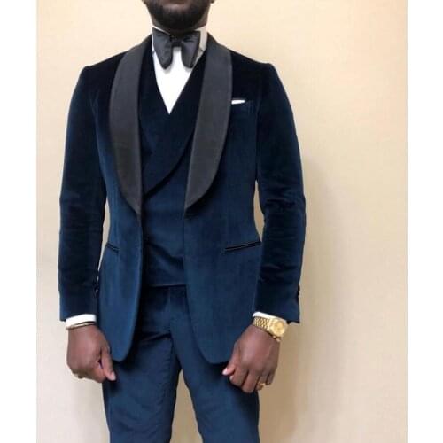 New Arrival One Button Navy Blue Velvet Groom Tuxedos Groomsmen Shawl Lapel Mens Suits Blazers (Jacket+Pants+Vest+Tie) W:1064