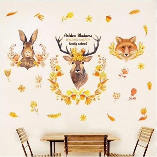 New Golden Beautiful Wreaths Lovely Animal Wall Sticker Home Decor Cartoon Rabbit Fox Deer Wall Decal DIY Art Poster Stickers