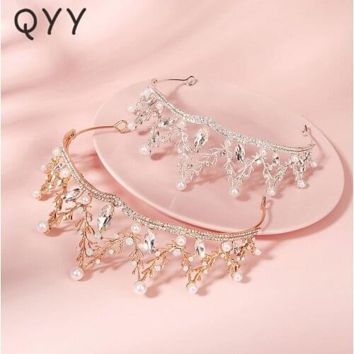 QYY Bridal Wedding Hair Crown for Women Crystal Hair Jewelry Gold Color Pearl Tiaras and Crowns Accessories Bride Headpiece Gift