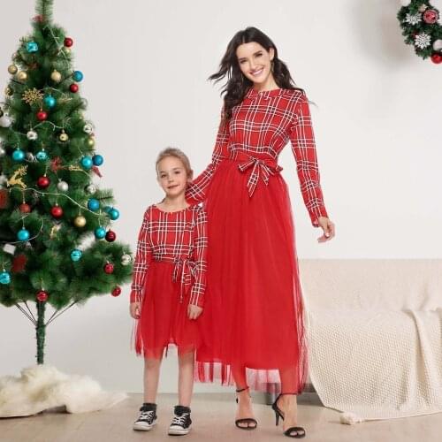 Christmas Mother Daughter Dresses Red Plaid Long Dress Family Matching Clothes Winter Women Girls Vestido Mommy and Me Outfits