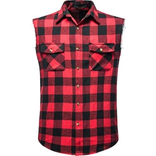 Red Big Plaid Shirts Men Summer Brand New Casual Sleeveless Mens Shirt Double Cowboy Pocket Camisas Breathable Oversize Vest