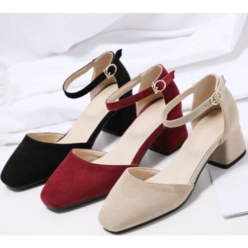 COOLULU New Arrival Women Dorsay Pumps Mid Chunky Heel Casual Ankle Strap Pumps Women Shoes Velvet Elegant Shoes Size 34-43