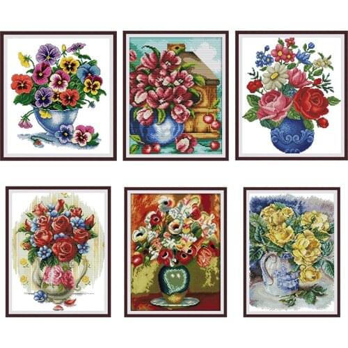 Needlework, DIY cross stitch, embroidery tool set, flower vase rose peony flower print pattern cross stitch handmade painting