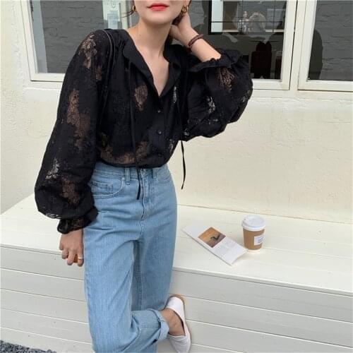 2021 Women Blouse Lace Lantern Long Sleeve Blouses Transparent Blouse Sexy Cardigan Lace Shirt Spring Black Lace Blusas Top