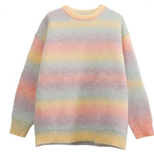Korea Ladies Rainbow Long Sleeve Sweater Tie Dye Turtleneck Long Loose Striped Sweater Candy Color Top 2021 Fall Winter New
