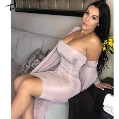Tobinoone 2020 Solid Sexy Dress Women Long Sleeves Stretch Bodycon dresses Summer Strapless Party dress Night Club Midi Dress