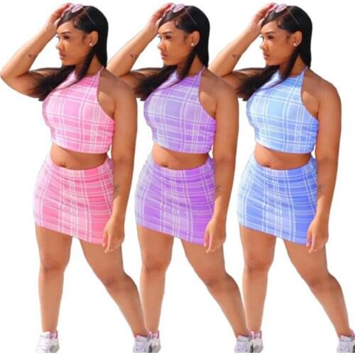 ZKYZWX Plaid Print 2 Piece Set Summer Outfits for Women Halter Crop Top Bodycon Mini Dresses for Women Sexy Night Party Clubwear
