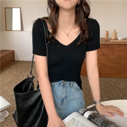 10 Color Option Knitted Sweater Tops Summer Fashion Short Sleeve Jumper Tops Sexy V Neck Korean Style Pullover Sweaters WDC5238